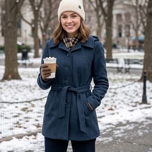 H&M Wool Blend Pea Coat 6 Navy Blue Hood Belted Trench Penny Lane Duffle‎ Preppy